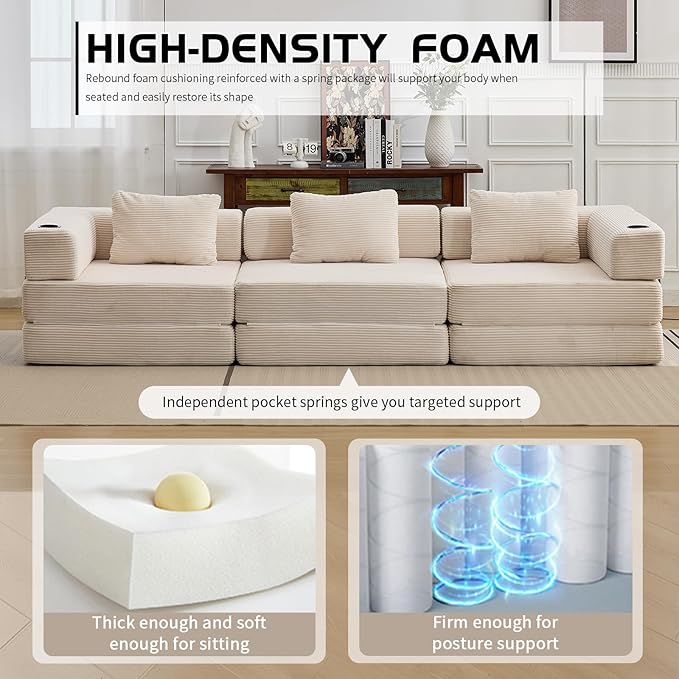 118" Oversized Convertible Floor Sofa Bed, Boneless Foldable Mattress Cloud Couch with Pillow Back & Armrest, Fold Out Floor Couch with Cup Holder for Living Room Bedroom Lounge, Corduroy, White