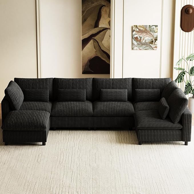 130" W x 67" D U Shape Sectional Sofa with USB Charging & Cup Holder & Storage, 6 Seater Plush Corduroy Couches with Movable Ottoman, Cloud Couch Sofas for Living Room, DIY Combination - Black