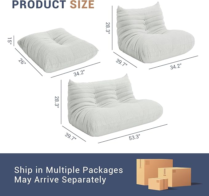 Fireside Chair Corner Bean Bag Chair for Adults, Modern Corduroy Fabric Caterpillar Sofa Couch, Lazy Floor Sofa Armless Foam Couch Lounger Tatami Recliner for Living Room Bedroom Dorm Office