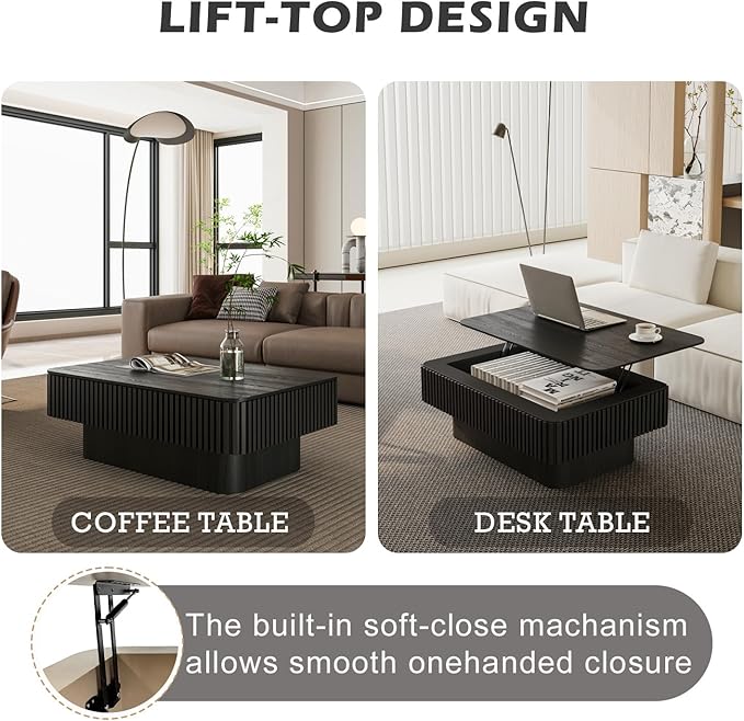 FGXJY Lift Top Coffee Table with Storage, Solid Wood Coffee Table with Adjustable Height, Fluted Center Table Accent Tea Table for Living Room, Apartment, Office (38.6" Black)