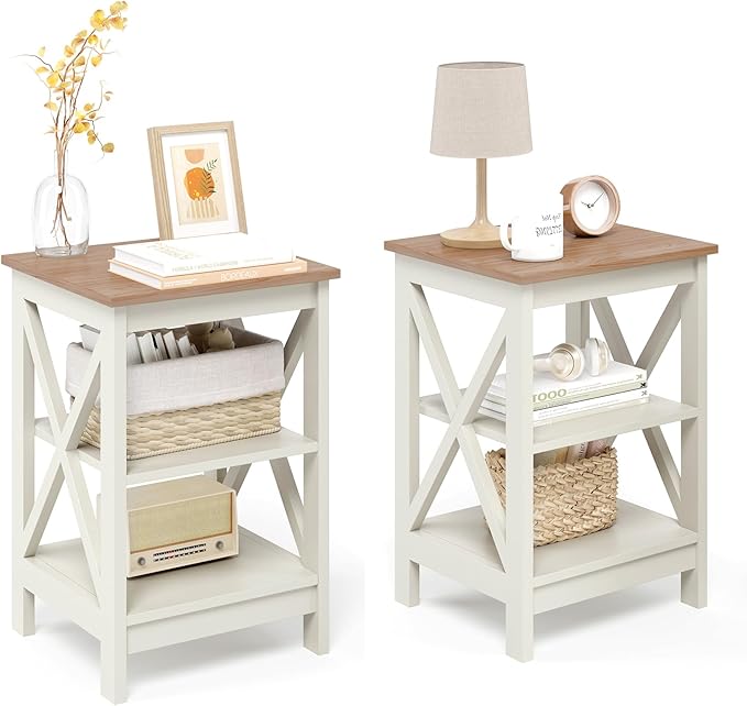 GREEN PARTY End Tables Living Room Set of 2,Side Tables with 3-Tier Storage Shelf, Small Nightstand for Bedroom, Wooden Frame,Small Coffee Table,Ivory White