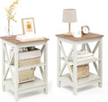 GREEN PARTY End Tables Living Room Set of 2,Side Tables with 3-Tier Storage Shelf, Small Nightstand for Bedroom, Wooden Frame,Small Coffee Table,Ivory White