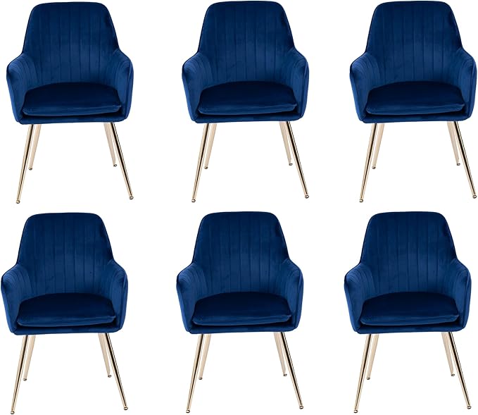 Purgreen Velvet Dining Chair Set of 6 - Modern Mid-Back Accent Chair with Gold Plating Legs - Comfy Upholstered Chair for Living Room,Restaurant,Kitchen & Reception Room (Velvet Blue, Set of 6)