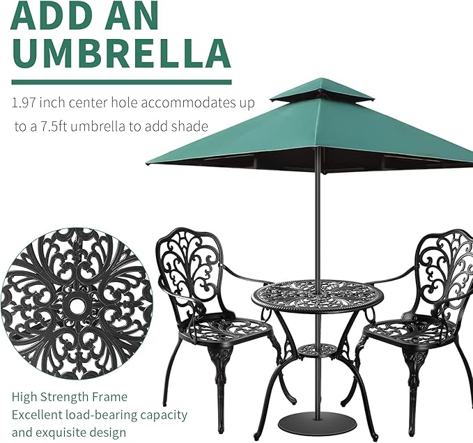 Withniture Bistro Set 3 Piece Outdoor, Cast Aluminum Patio Bistro Sets, Bistro Table and Chairs Set with Umbrella Hole, Black Bistro Table Set for Garden Porch Balcony (Butterfly Black)