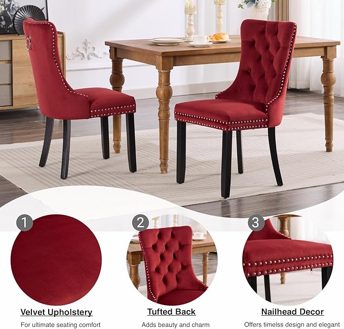 YeahFurn Mid Century Modern Dining Chairs Set of 4, Velvet Upholstered Kitchen & Dining Room Chairs with Nailhead Trim & Solid Wood Legs, Tufted Kitchen Chairs, Elegant Sillas De Comedor (Red, 4 Pcs)