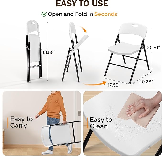 VINGLI Folding Chairs, Plastic Foldable Chair, Capacity up to 350 lbs, Portable Seating for Indoor Outdoor Events Parties Camping Work School Commercail (20, White)