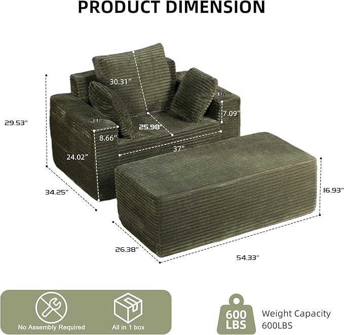54" W Oversized Chaise Lounge Chair Indoor, Boneless Chaise Lounge Couch, Convertible Comfy Reading Chairs, Corduroy Sleeper Couch Chair for Living Room, Compression Sofa with Ottoman, Green