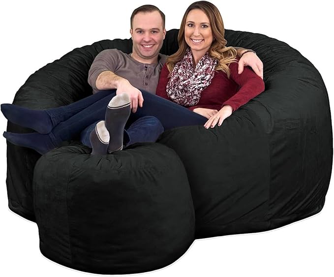 ULTIMATE SACK 6000 6-Foot Bean Bag Chair with Footstool, Black Suede Cover – Oversized Foam Lounger, Floor Seat, Small Sofa, or Couch Bed for Living Area, Gaming Room, or Reading Lounge