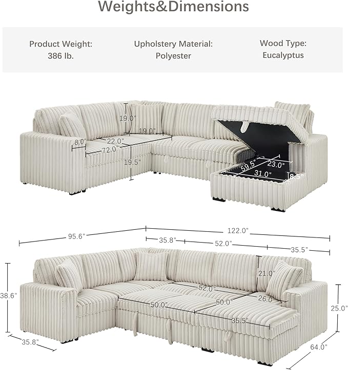 Olodumare Oversized Convertible Sectional Sofa Bed for Living Room, Modern 122'' Corduroy Upholstered U-Shaped Couch with Right Chaise Hidden Storage & Pull-Out Bed, USB & Type-C Port, Cream Khaki