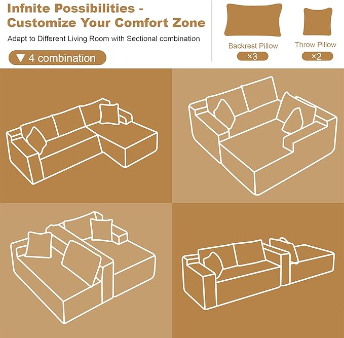 AUGOP 108" Sectional Couches for Living Room Modern Modular Sofa with L-Shape Couchs Upholstered Boneless Couch Deep Seat Sectional Couch with Chaise (Black, Right Facing Chaise+2Seaters)