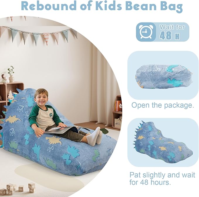 COMAX Dinosaur Bean Bag Chairs for Kids 8-12, Kid Beanbag Chair with Filler, Toddler Lounge Bean Chair, Children Lazy Floor Lounger for Girls Boys, Blue Dino