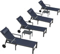 PURPLE LEAF Patio Lounge Chair Set Outdoor Chaise Lounger Aluminum Frame with Armrest 2 Side Table and Wheels for Pool Outside Sunbathing Tanning Recliner Including Pillows Navy Blue