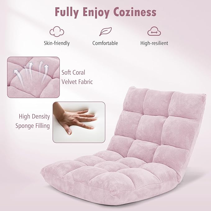 Giantex Floor Chairs, Floor Gaming Chair with Back Support, Coral Velvet, 14 Adjustable Position, Thick Sponge Padding, Floor Seating Lounge for Reading, Watching TV, Meditation, Gaming Chair Floor