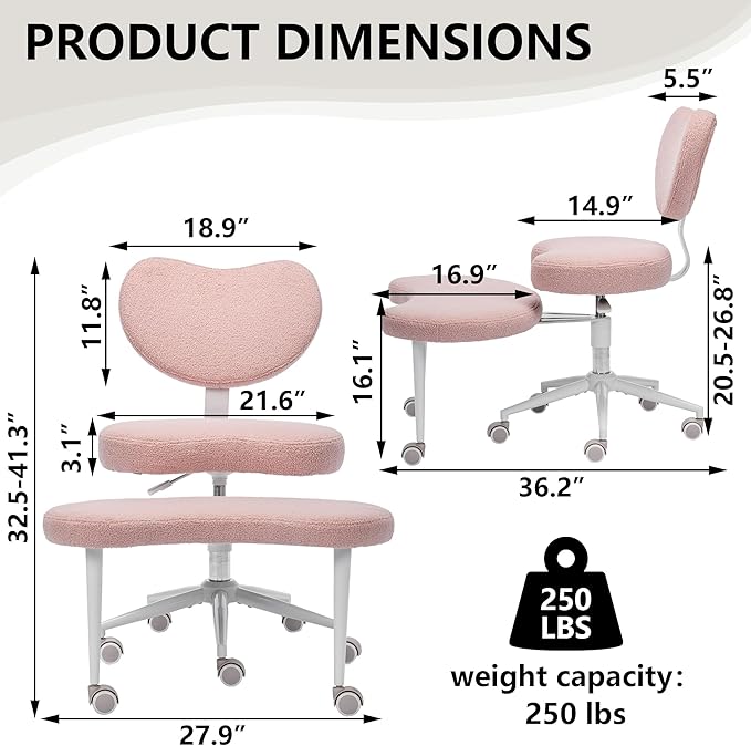 Meditation Chair with Lumbar Support,360° Swivel Cross Legged Chair with Wheels, Ergonomic Cross Legged Office Chair for Adults with ADHD, Height-Adjustable Yoga Chair, Teddy Fabric, Pink
