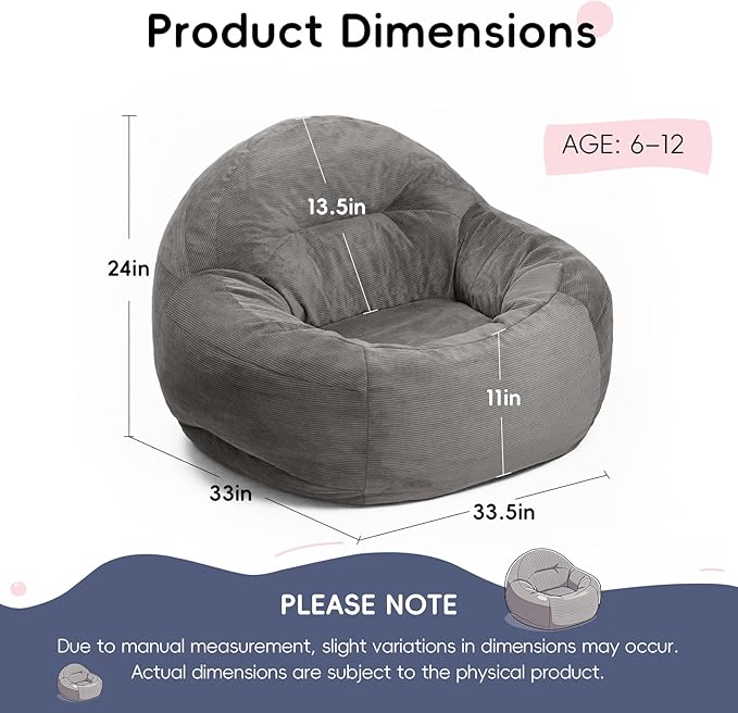 3 Feet Bean Bag Chair, BeanBag Chair for Teens & Youth, Bean Bag Couch with High-Density Foam Filler, Faux Fur Fabric, Living Room, Bedroom, Game Room, Dorm, Office ( Light Gray, 33.5"Dx33"Wx24"H )