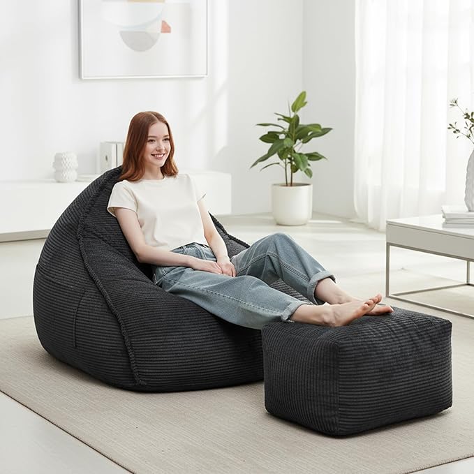 Cloud Bean Bag Chair with Ottoman for Adults, Comfy Corduroy Chaise Lounge Chair with High-Resilience Foam, Boneless Reading Chair for Bedroom & Living Room (Black)