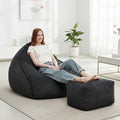 Cloud Bean Bag Chair with Ottoman for Adults, Comfy Corduroy Chaise Lounge Chair with High-Resilience Foam, Boneless Reading Chair for Bedroom & Living Room (Black)