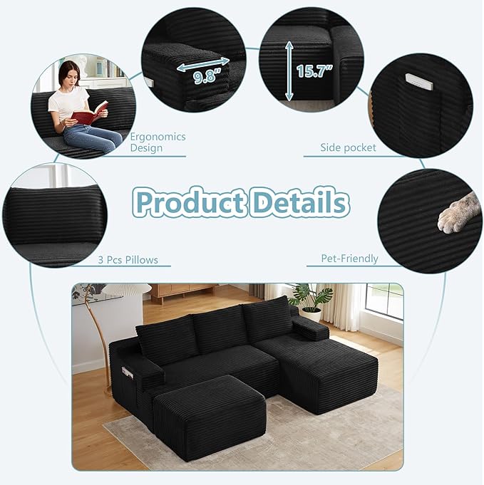 96" W Cloud Sectional Couch with Ottoman,Modern U-Shaped Cloud Couch with Side Pockets,Comfy Corduroy 3-Seater Sofa,Memory Foam Sofa for Living Room,No Assembly (Black,Right-Facing Chaise)