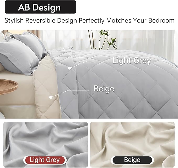 MUXHOMO 7 Pieces Full Comforter Set, Reversible Bed in a Bag Full Size, All Season Bedding Set with Comforter, Flat Sheet, Fitted Sheet, Pillowcases & Shams, Light Grey & Beige