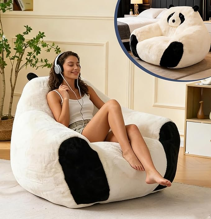 Giant Bean Bag Chair,Comfy Reading Nook Chairs for Bedroom,Animal Floor Chairs,Faux Fur Panda Bear Shaped Beanbag Chairs,Oversized Bean Bag Couch for Bedroom,Living Room