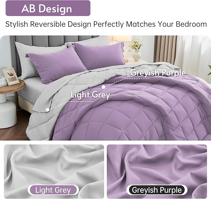 MUXHOMO 7 Pieces Queen Comforter Set, Reversible Bed in a Bag Queen Size, All Season Bedding Set with Comforter, Flat Sheet, Fitted Sheet, Pillowcases & Shams, Greyish Purple & Light Grey