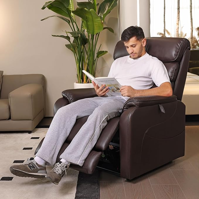 EONIX Clearance Dual Motor Lay Flat Power Lift Recliner Chair for Elderly with Heat and Massage, Electric Leather Lift Chair with Charging Ports, FSC Oeko 400lbs Heavy Duty, SLRY003061, Dark Brown