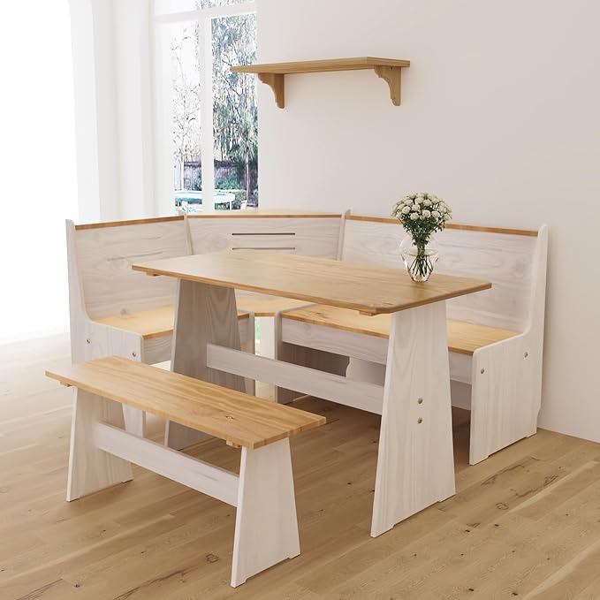Breakfast Nook Table Set for Kitchen - White Bench Seating for Dining Room with Space Saving Solid Wood L Shaped Corner Dining Table Set Apartment for 4 to 6 People
