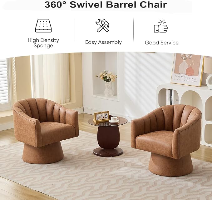 Swivel Accent Chair Set of 2,Faux Leather 360°Swivel Barrel Chair Upholstered Modern Living Room Chair, Overstuffed Reading Armchair for Bedroom,Vanity,Office-Brown