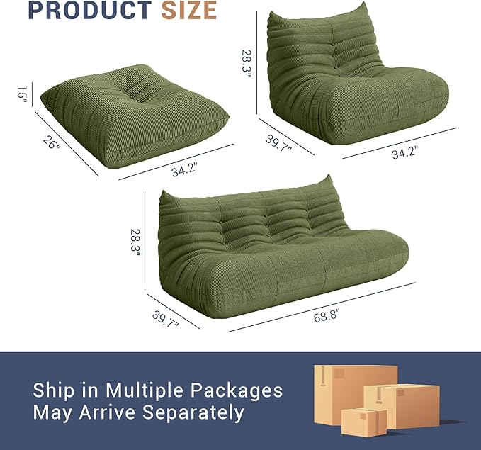 Bean Bag Chair for Adults, Fireside Chair Lazy Floor Sofa, Modern Corduroy Fabric Caterpillar Sofa Couch, Armless Foam Lounger Tatami Recliner Bean Bag Couch for Living Room Bedroom Dorm Office