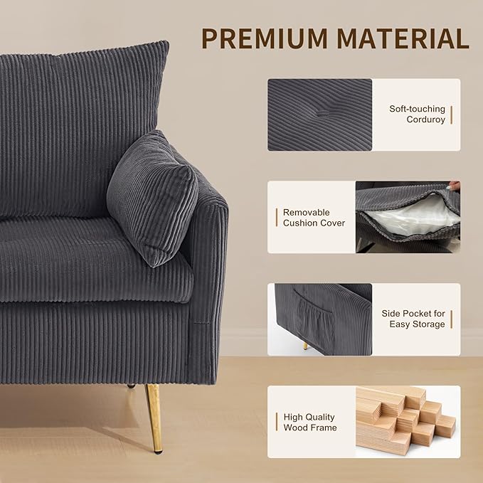 Furnimart 3-Piece Storage Sofa and Couch Set, Corduroy Loveseat with 2pc Accent Single Chairs, Small Living Room Furniture Set for Apartment, Tiny Homes and Lofts, 3PC-Gray