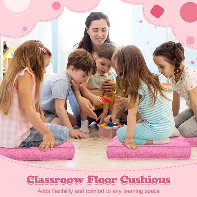 Fumete 8 Pcs Square Floor Pillows for Kids and Adult 16''x16'' Flexible Seating Floor Cushion for Classroom Multicolor Meditation Cushions for Home Daycare Preschool Yoga Meditation (Pink)