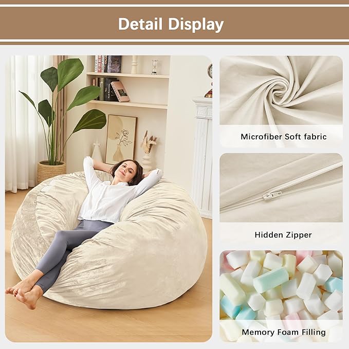 Bean Bag Chairs for Adults - Memory Foam Furniture BeanBag Chair - Kids/Teens Sofa with Soft Micro Fiber Cover - Round Fluffy Couch for Living Room Bedroom College Dorm - 3 ft, Ivory