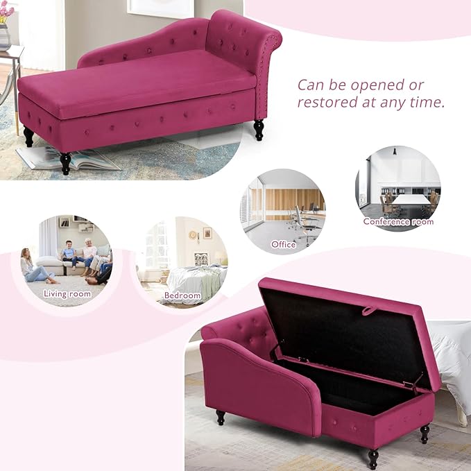 ACMEASE Upholstered Chaise Lounge with Right Armrest & Lumbar Pillow,Button Tufted Lounge Sofa with Storage,Lounge Chair Indoor,Modern Velvet Lounge Chair for Bedroom, Living Room and Office,Fuchsia