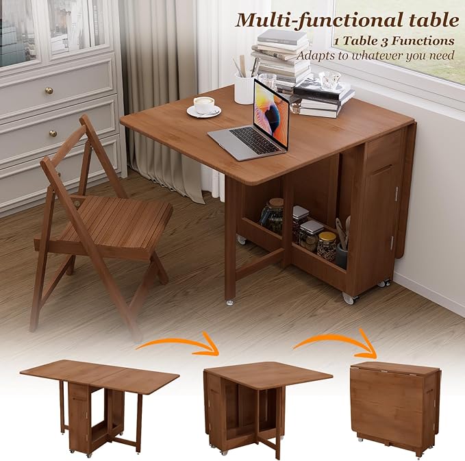 Folding Drop Leaf Dining Table with 2 Storage Space and 4 Lockable Wheels, Convertible Dining Table cart for Small Spaces Dining Room. (Brown)