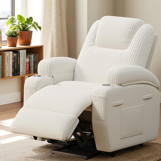 Flamaker Power Lift Chair Massage Recliner Chairs for Elderly, Corduroy Ergonomic Design with Cup Holders & Side Pockets, Remote Control (White)