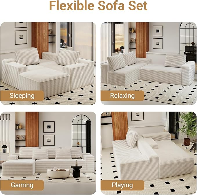 KAPEETOO Cloud Modular Sectional Sofa with Chaise Longue, Giant L Shaped Sectional Couch with Deep Seat, Oversize 3-Seater Boneless Couch for Living Room Bedroom Left Facing Chaise (White)