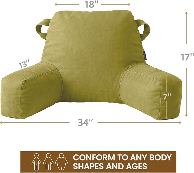 Unisakey Portable Comfy Reading Pillows for Bed Sitting Up(Pale Green Oeko-Tex), Velvet Back Pillow with Arms & Pockets for Adults, Support Memory Foam Bed Pillow for Dorm/Reading/Watching/Gaming