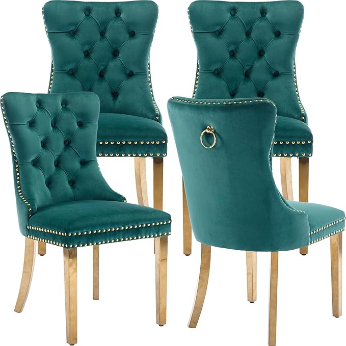 YeahFurn Mid Century Modern Dining Chairs Set of 4, Green Velvet Upholstered Tufted Back, Kitchen & Dining Room Chairs, Gold Metal Legs, Nailhead Trim, Sillas para Comedor (Green, 4 Pcs)