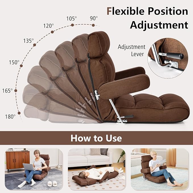 Giantex Adjustable Folding Sofa Chair - Lazy Floor Chair with Infinitely Adjustable Backrest, Extendable Armrest & Seat, Couch Recliner for Meditation, Reading, Gaming Floor Chairs for Adults (Brown)