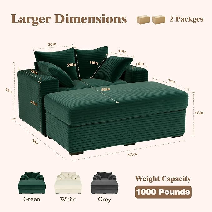 Indoor Chaise Lounge Chair With Storage Ottoman, Modern 60-Inch Lounge Sofa Chair With Wide Armrests & 4 Pillows, Oversized Comfy Reading Lounger For Living Room, Bedroom（Wide-Rib Corduroy Green)