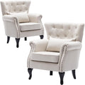 DM Furniture Set of 2 Mid-Century Modern Accent Chair, Linen Fabric Armchair w/Tufted Back/Wood Legs, Upholstered Lounge Arm Chair Single Sofa for Living Room Bedroom, Beige