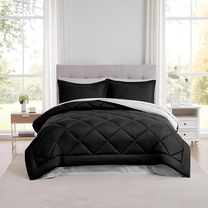 Modern Threads 7-Piece Reversible Comforter Set - Bedding Ensemble with Comforter, Sheets, Pillowcases, and Shams, Black Queen