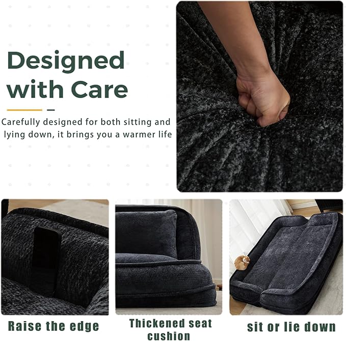 Foldable Lazy Sofa Bed, Chenille Upholstered Human Dog Bed for Adults, 2 in 1 Convertible Floor Sofa with 5 Adjustable Backrest Positions and Soft Cushions for Living Room (Black)