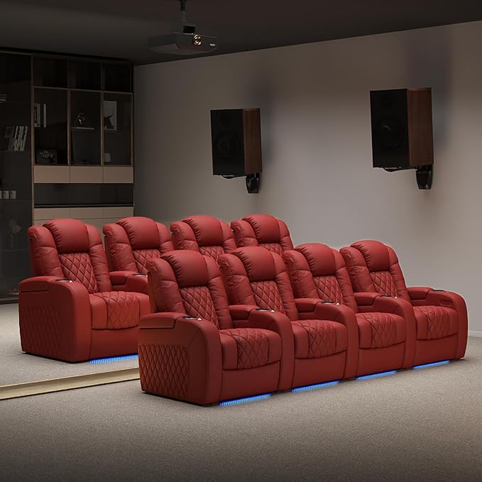 Weilianda Home Theater Seating Top Grain Leather Zero Gravity Recliner Chair Power Headrest Recline Movie Seat Gaming 7 Colors Mood Light Sofa with Tray Table USB Charge Row of 3 Loveseat Left Red