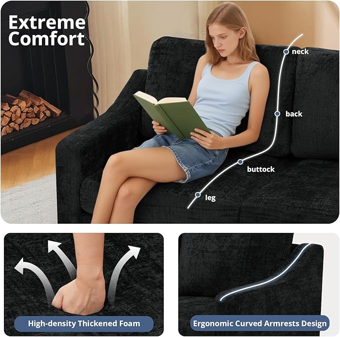 ACMEASE 67 Inches Chenille 2-Seat Sofa w/Comfortable Back Cushions, Modern Love Seat w/Deep Seat Space, Upholstered 2 Seater Couch w/High Resiliency Foam for Living Room, Office, Black