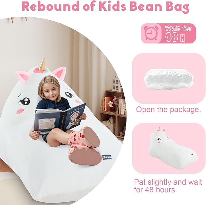 COMAX Unicorn Bean Bag Chairs for Kids 8-12, Large Kid Beanbag Chair with Filler, Big Toddler Lounge Bean Chair, Children Lazy Floor Lounger for Girls Boys, White