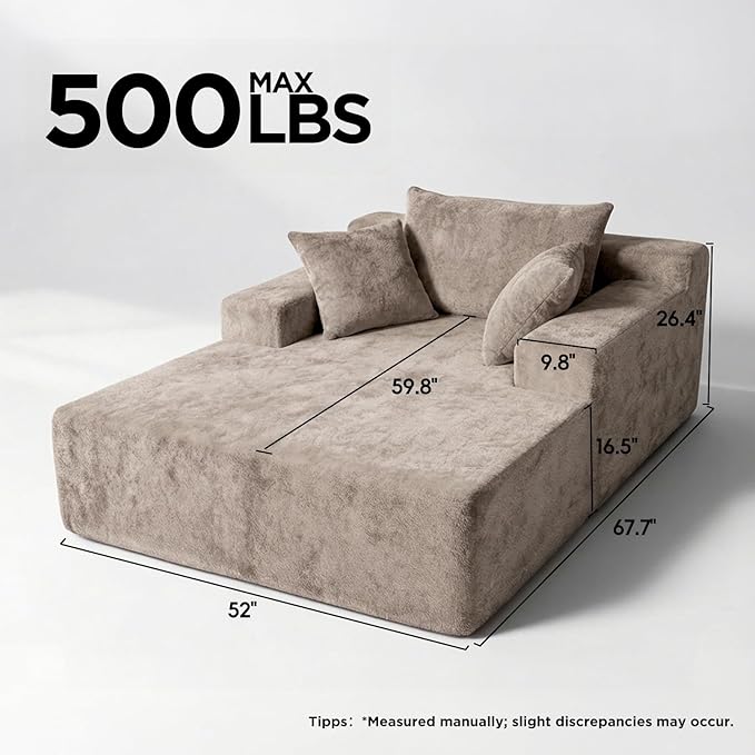 Sytopia Chaise Lounge with Armrests, Oversized Sofa Bed with 3 Pillows, Cozy Boneless Couch, Sleeper Reading Chair for Living Room Bedroom, Floor Sofa Chenille, Furniture Sala, Cashmere Beige