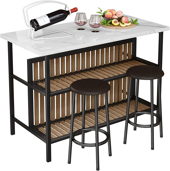 Lamerge 3 Piece Bar Table and Chairs Set,Industrial Kitchen Island Table with Storage and Seating,Faux Marble Kitchen Tables Set for 2 with Shelves,Counter Height Table Set for Small Space,White