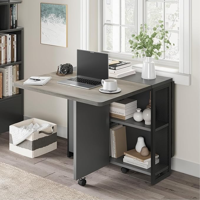 IDEALHOUSE Folding Dining Table, Drop Leaf Dining Table with 6 Wheels and 2-Layer Storage Shelf, Space Saving Kitchen Table for Small Spaces (Slate Oak, 50.1" D x 31.4" W x 29.5" H)