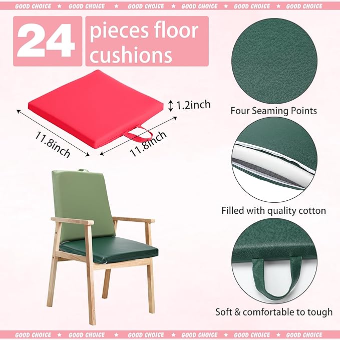Huwena 24 Pack Floor Cushions 12x12inch Classroom Floor Seating Pillows Bulk Kids Flexible Cushion with Handles for Home School Kindergarten Daycare Nursery(Multi Color,Square)